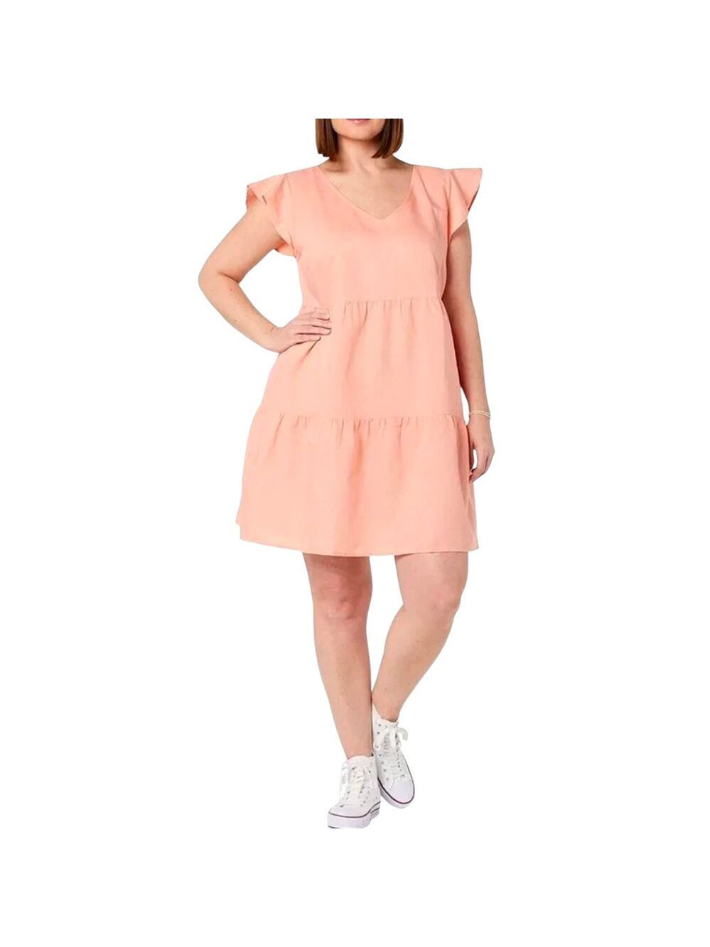 Goodthreads Relaxed Fit V-Neck Flutter Sleeves Tiered Dress Color Orange Size M